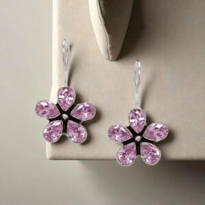 Crystal Flower Drop Earrings for Women & Girls  | Pink Stones & Silver-Toned Metal | Elegant & Timeless Design