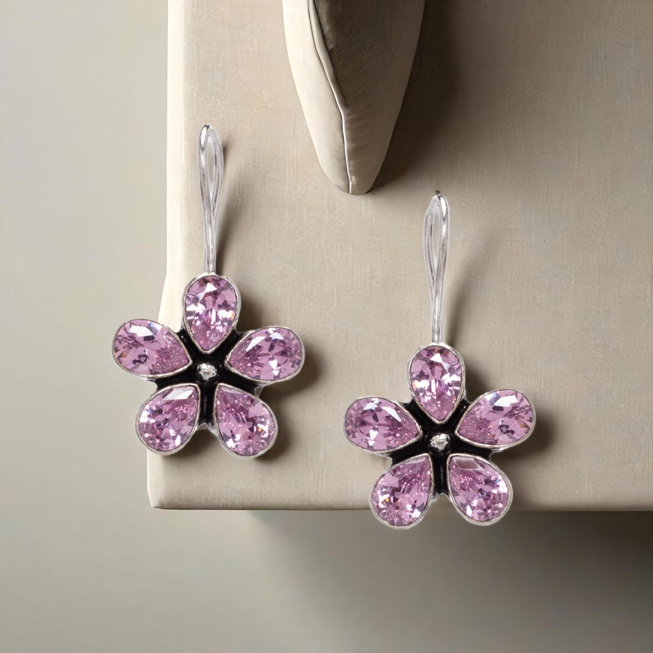 Crystal Flower Drop Earrings for Women & Girls | Pink Stones & Silver-Toned Metal | Elegant & Timeless Design