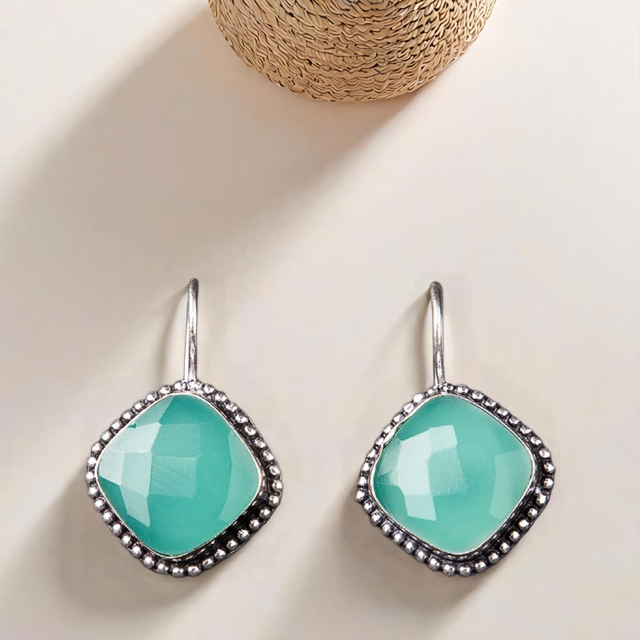 Vintage Style Drop Earrings | Cushion-Cut Aqua Crystal | Silver-Toned Beaded Frame | Elegant Jewelry for Women & Girls