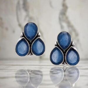 Vintage-Style Blue Teardrop Stud Earrings for  Women & Girls | Silver-Toned Metal with Triple Stone  Design | Elegant & Timeless Fashion Jewelry