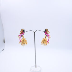 Artistic Bird-Inspired Enamel Earrings with Traditional Gold Jhumka and Hanging Pearls