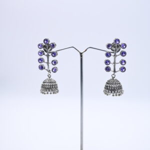 Antique Silver Blue Crystal Jhumka Earrings with Branch Design.